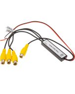 Beuler AVS310 smart RCA video switcher with three yellow RCA inputs, one RCA output, and labeled +12V / GND power leads