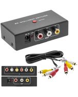 Beuler AVSW kit: switcher box, dual RCA A/V cable, and diagrams of IN and OUT panels