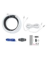 T-Spec V10-AK1 1/0-gauge amp kit contents: pearl power cable, black ground cable, ANL fuse holder, RCA interconnects, remote wire, 250A fuse, and hardware