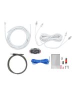 T-Spec V10-AK8 8-gauge amp kit contents: pearl power cable, gray ground cable, MANL fuse holder, RCA interconnects, remote wire, and hardware