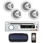 Pyle PLCDBT85MRW Marine Single-DIN In-Dash CD AM/FM Bluetooth Receiver with Four 6.5" Speakers, Splashproof Radio Cover (White)