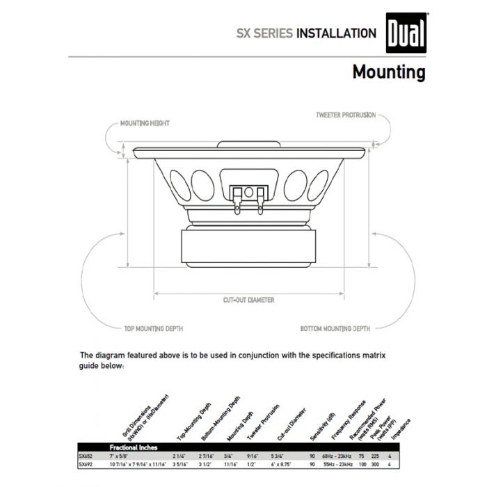 Dual SX652 SX Series 6.5 inch Coaxial 2 Way Shallow Mount 225 Watt