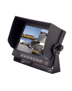 Accelevision LCDRV700QUAD 7-inch quad-screen monitor with sunshade showing four camera views at once