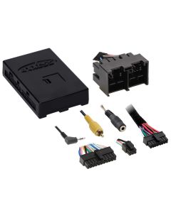 Axxess AXDIS-FD3 interface module with labeled vehicle harness, SWC 3.5mm plug, yellow RCA, and aftermarket radio connectors