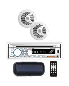 Pyle PLCDBT65MRW Marine Single-DIN In-Dash CD AM/FM Bluetooth Receiver with Two 6.5" Speakers, Splashproof Radio Cover (White)