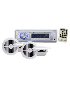 Pyle PLMRKT34WT Marine 4 x 6.5 Inch Speaker System and In Dash AM/FM MPX PLL Tuning Receiver with USB, SD and AUX Inputs Combo Package