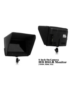 Safesight CVFQ-E182 8 Inch On-Camera HD DSLR Monitor - Front and back of monitor with sun shield