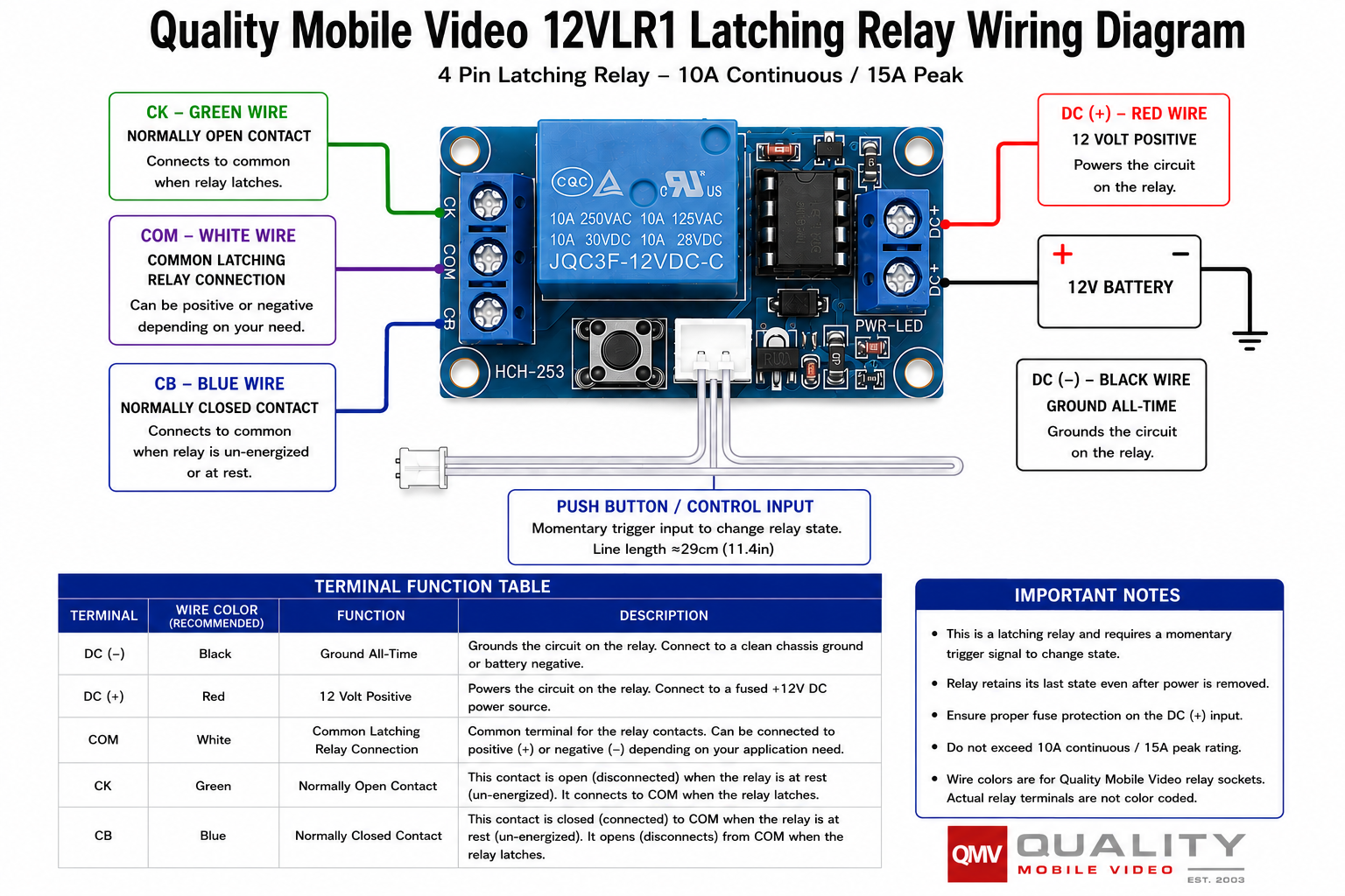 QMV TDR12V1 12 VDC SPDT Latching relay wiring diagram
